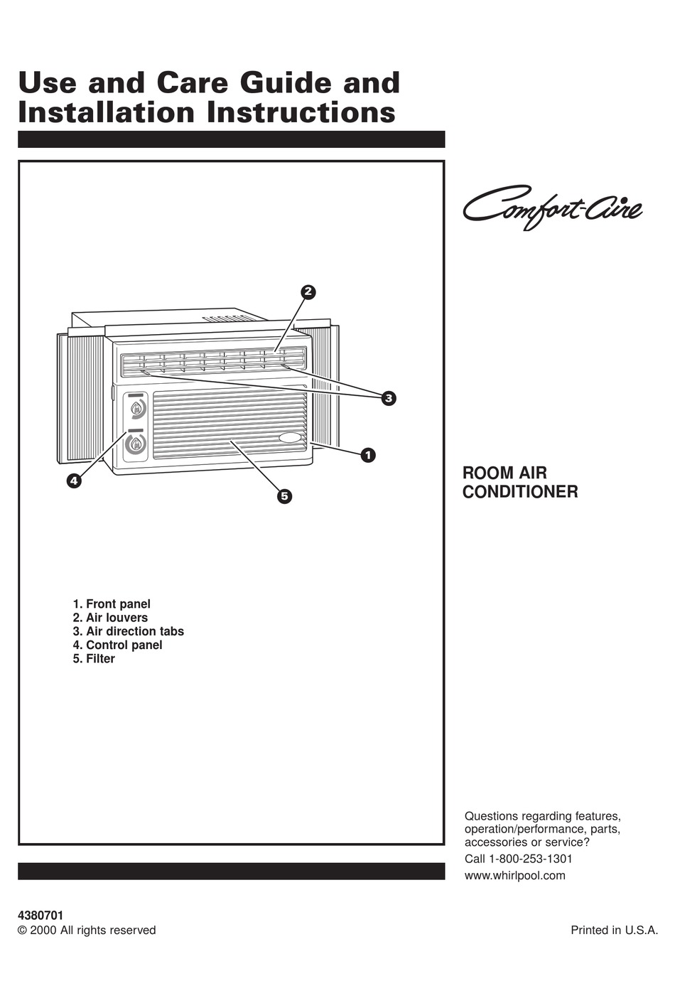 WHIRLPOOL 4380701 USE & CARE MANUAL AND INSTALLATION INSTRUCTIONS Pdf