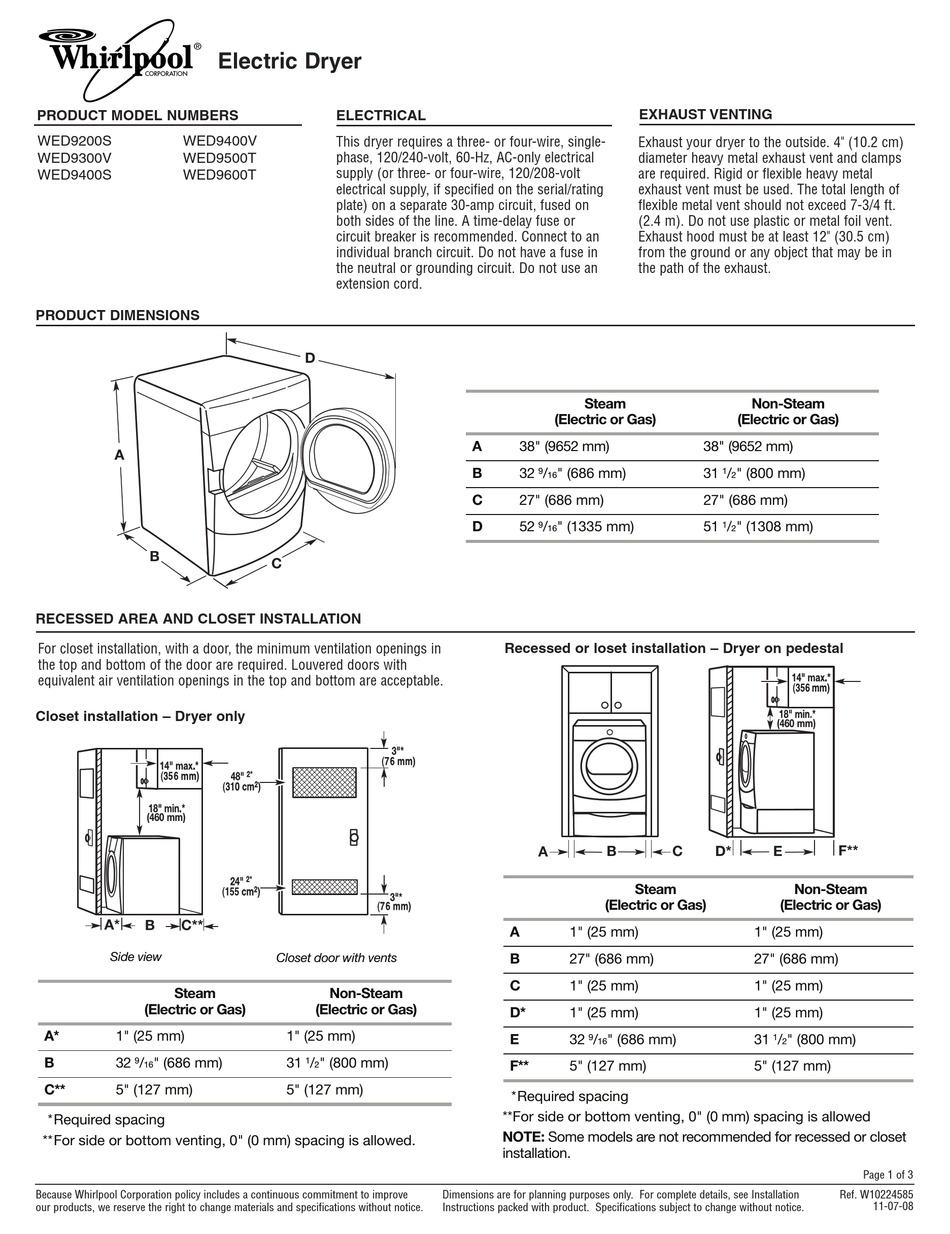 WHIRLPOOL WED9200S DIMENSIONS AND INSTALLATION INFORMATION Pdf Download