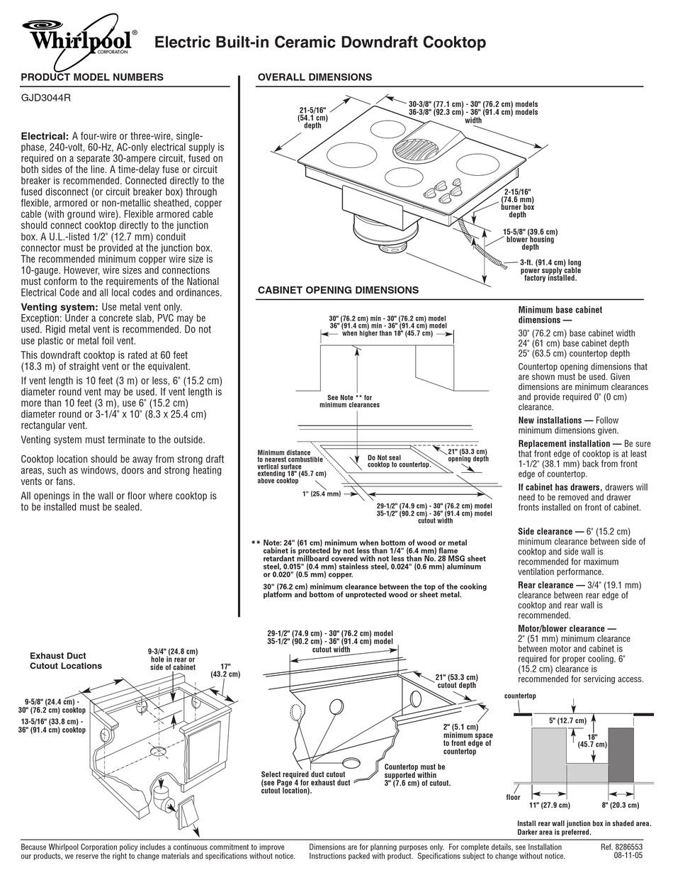 WHIRLPOOL GJD3044R DIMENSIONS Pdf Download | ManualsLib