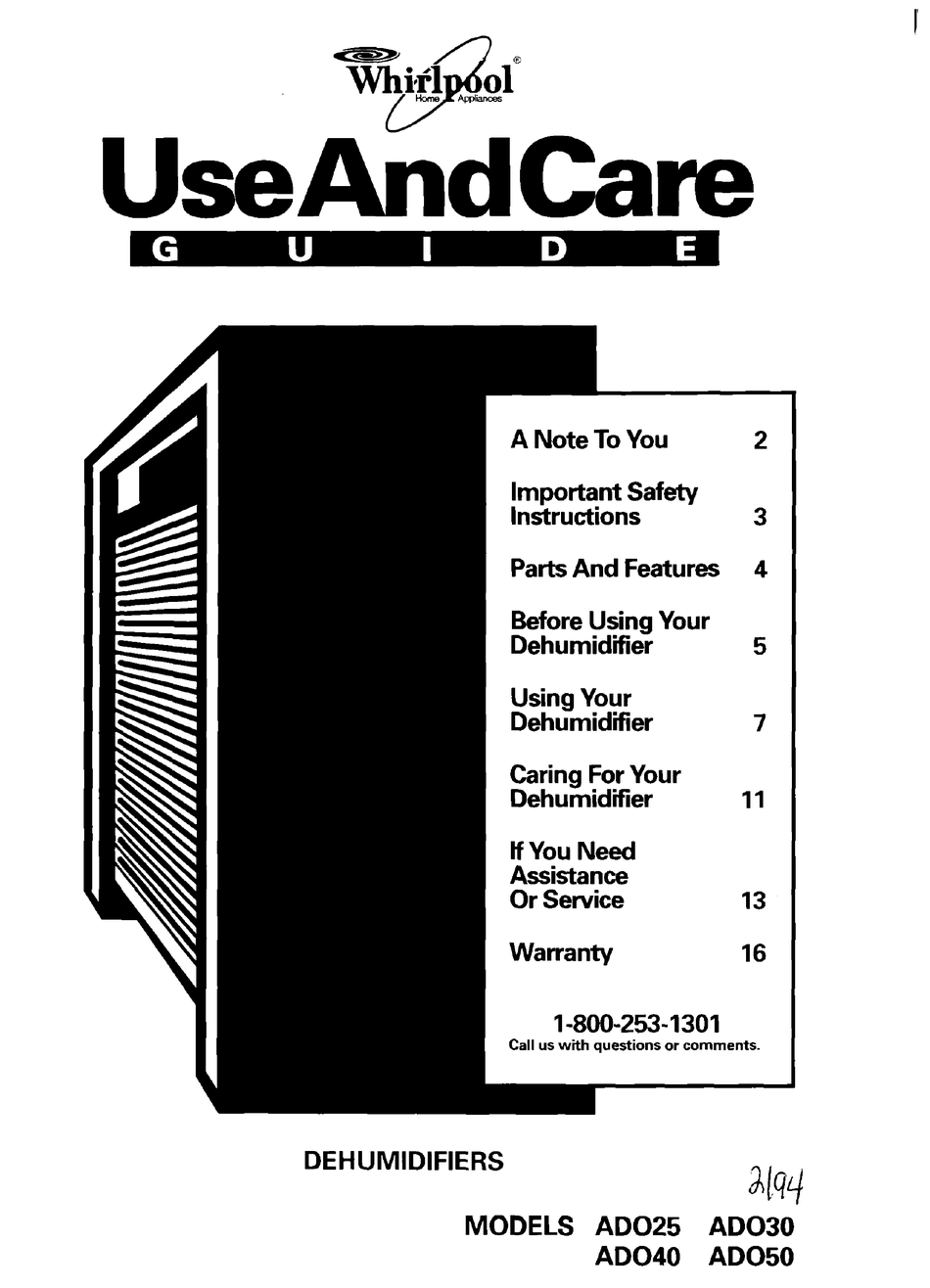 WHIRLPOOL AD030 USE AND CARE MANUAL Pdf Download | ManualsLib