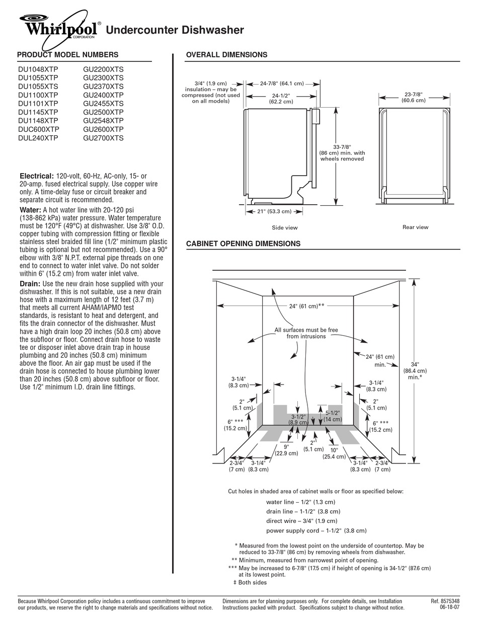 Whirlpool dishwasher hot sale dimensions