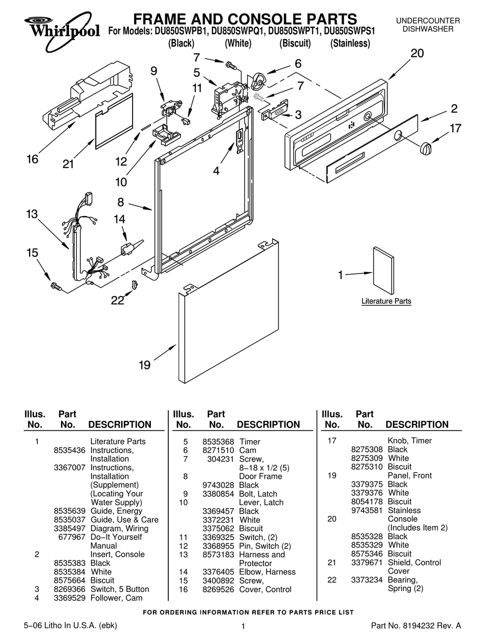 WHIRLPOOL DU850SWPB1 PARTS LIST Pdf Download | ManualsLib