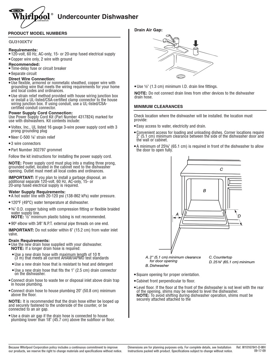 WHIRLPOOL GU3100XTV DIMENSIONS Pdf Download | ManualsLib