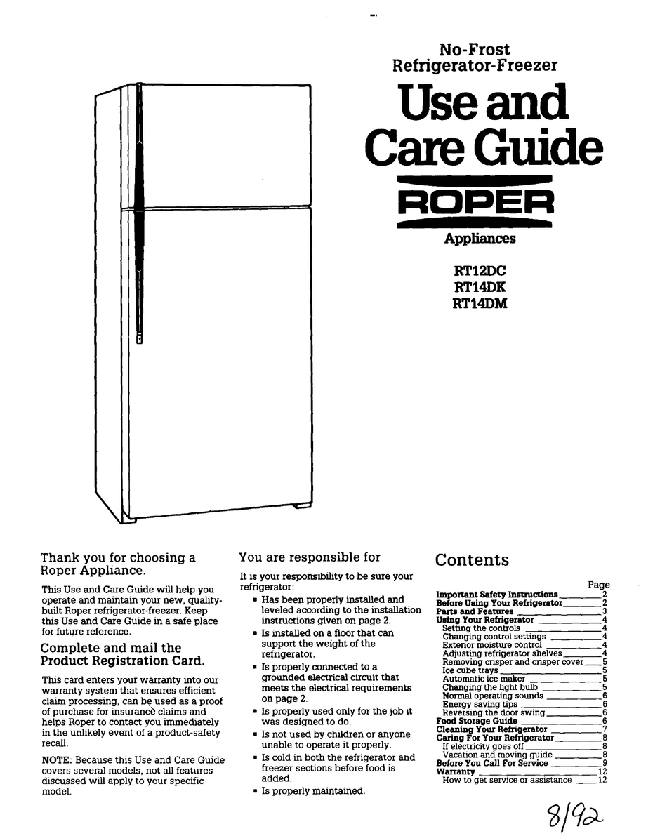 ROPER RT12DC USE AND CARE MANUAL Pdf Download ManualsLib