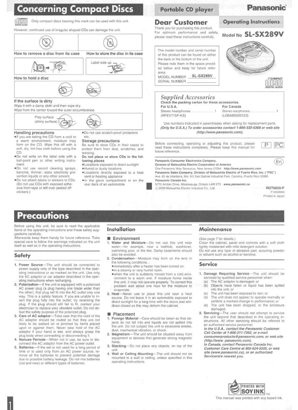 PANASONIC SL-SX289V OPERATING INSTRUCTIONS MANUAL Pdf Download | ManualsLib