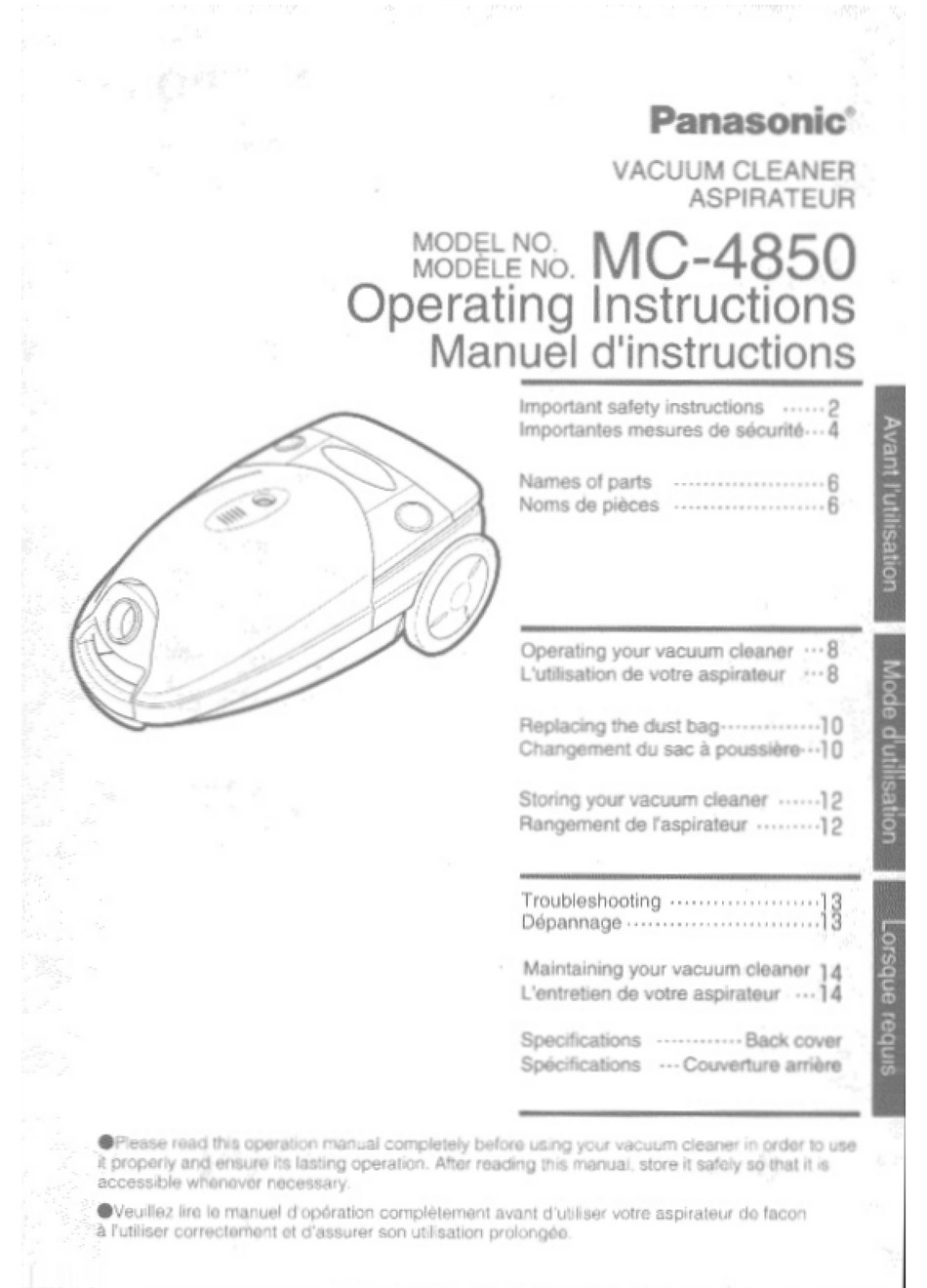 PANASONIC MC-4850 OPERATING 