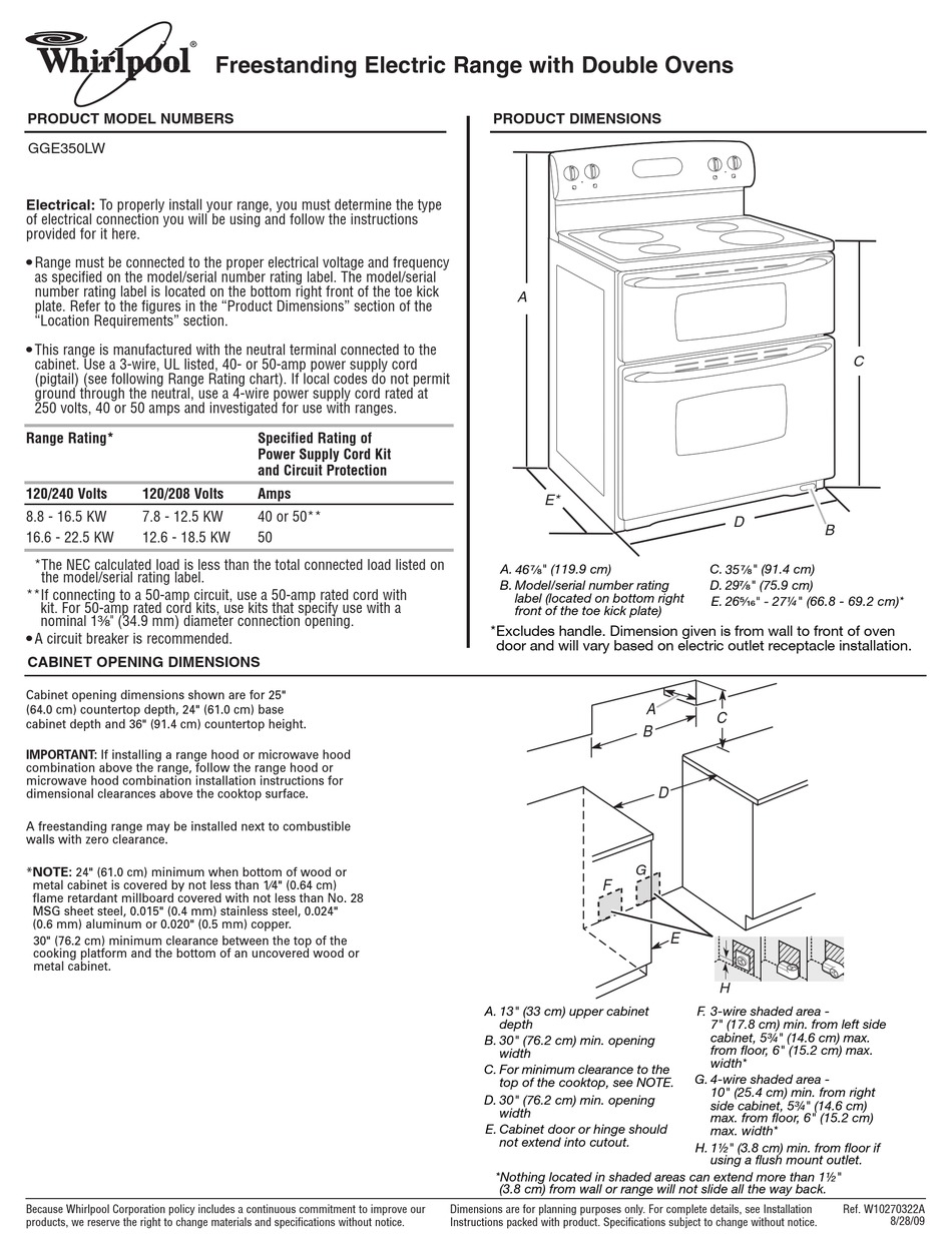WHIRLPOOL GGE350LW DIMENSIONS AND INSTALLATION INFORMATION Pdf Download