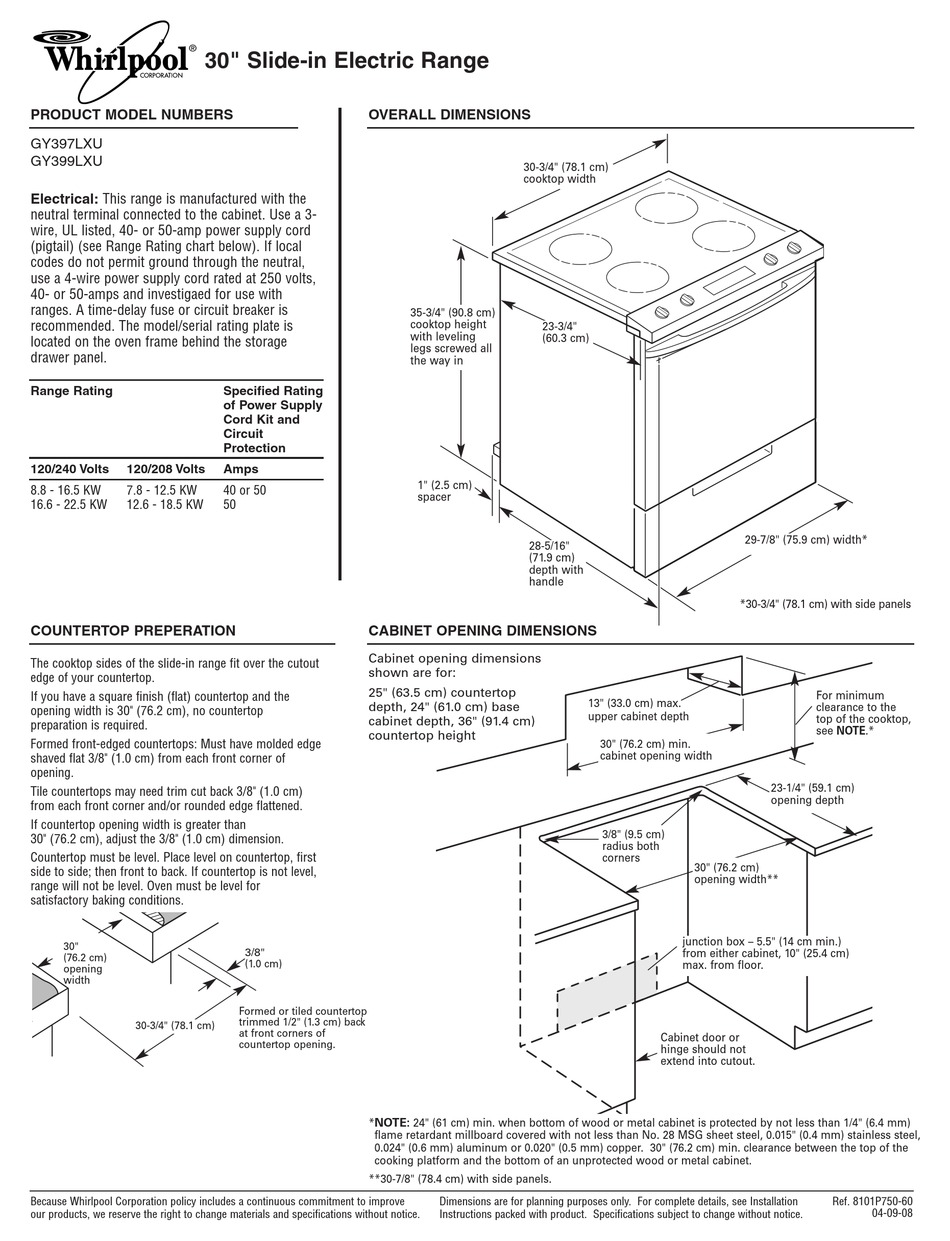 WHIRLPOOL GY397LXU DIMENSIONS Pdf Download ManualsLib