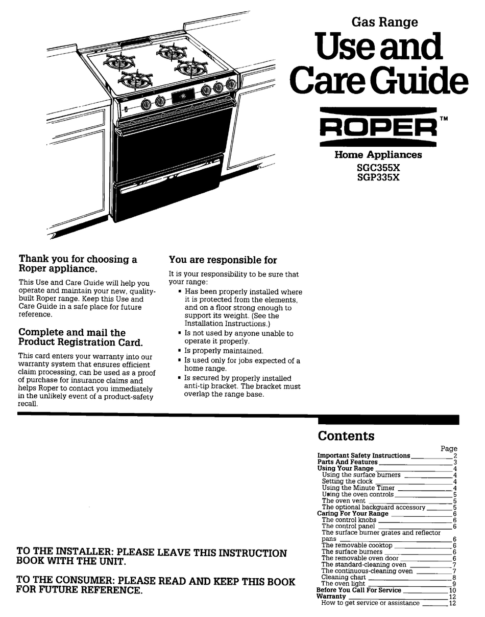 WHIRLPOOL SGC355X USE AND CARE MANUAL Pdf Download ManualsLib