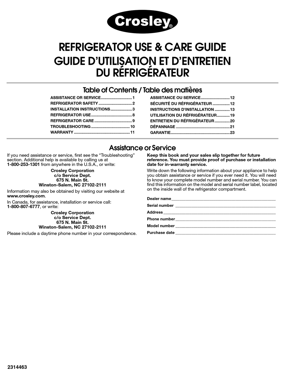 WHIRLPOOL 2314463 REFRIGERATOR USE & CARE MANUAL Pdf Download ManualsLib