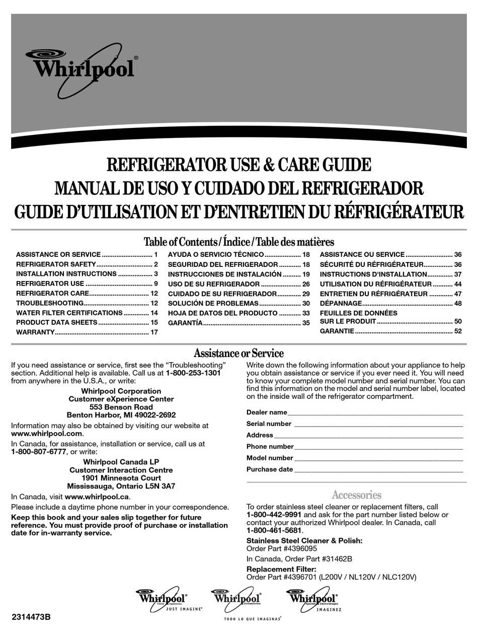 WHIRLPOOL GR2SHWXPB02 USE & CARE MANUAL Pdf Download | ManualsLib