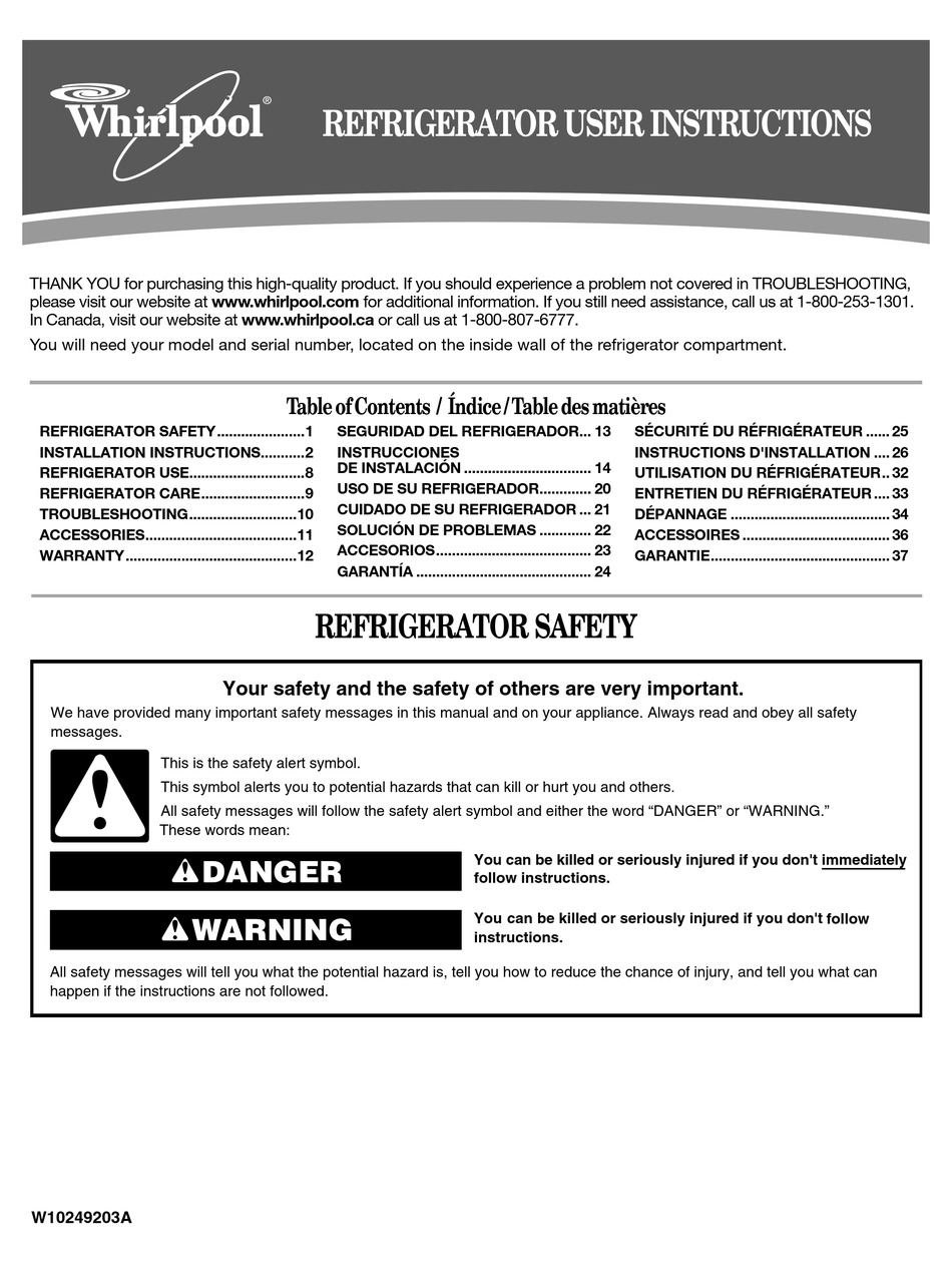 WHIRLPOOL W10249202A USER INSTRUCTIONS Pdf Download | ManualsLib