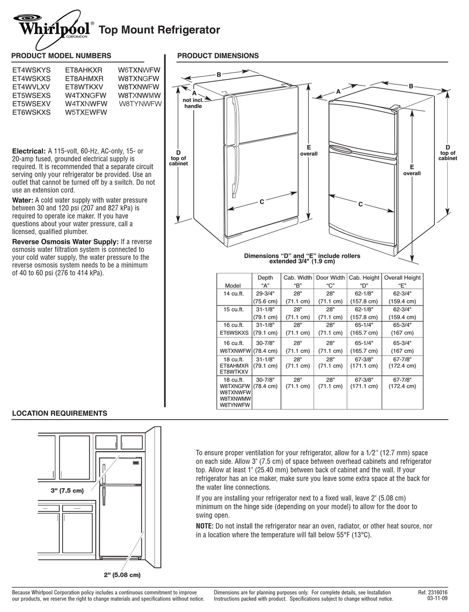 WHIRLPOOL W4TXNGFW DIMENSION MANUAL Pdf Download ManualsLib