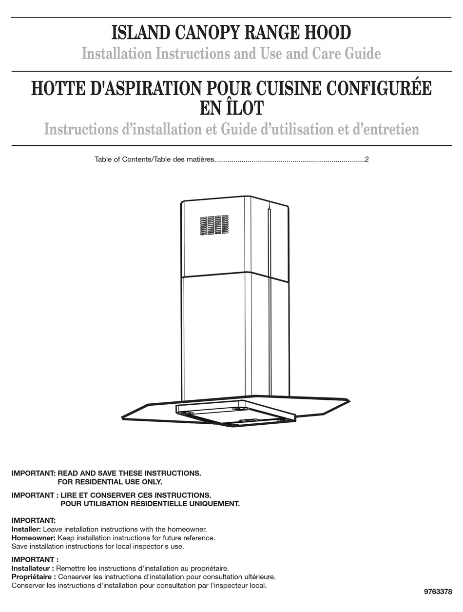 WHIRLPOOL VENTILATION HOOD INSTALLATION AND USE MANUAL Pdf Download