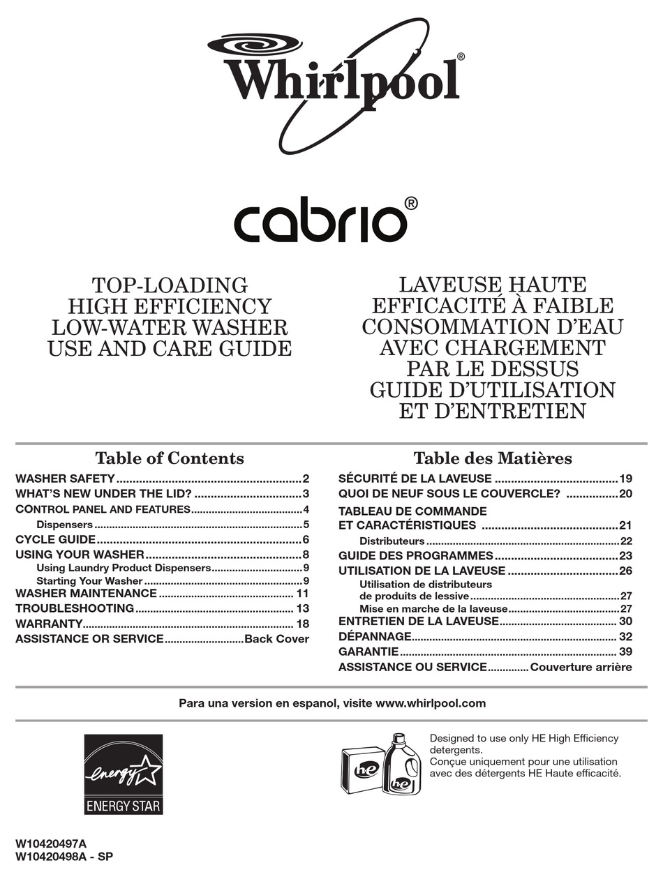 WHIRLPOOL CABRIO W10420497A USE AND CARE MANUAL Pdf Download | ManualsLib