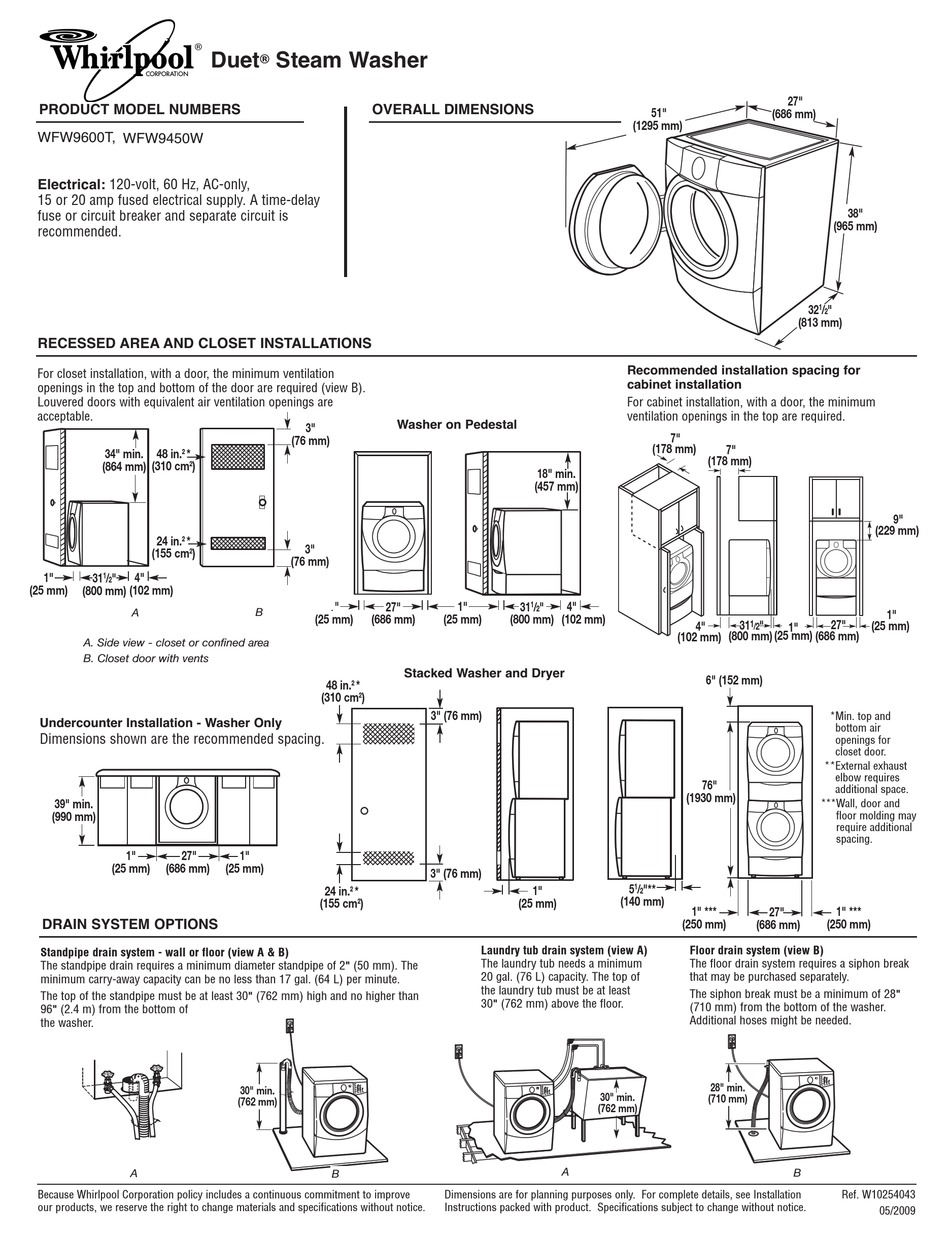 WHIRLPOOL DUET WFW9600T DIMENSIONS AND INSTALLATION INFORMATION Pdf ...