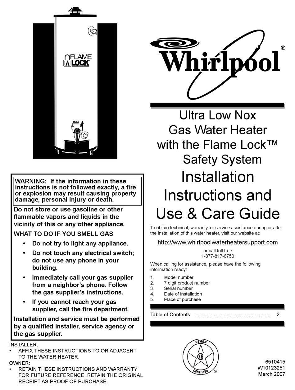 WHIRLPOOL 201553 INSTALLATION INSTRUCTIONS AND USE & CARE MANUAL Pdf