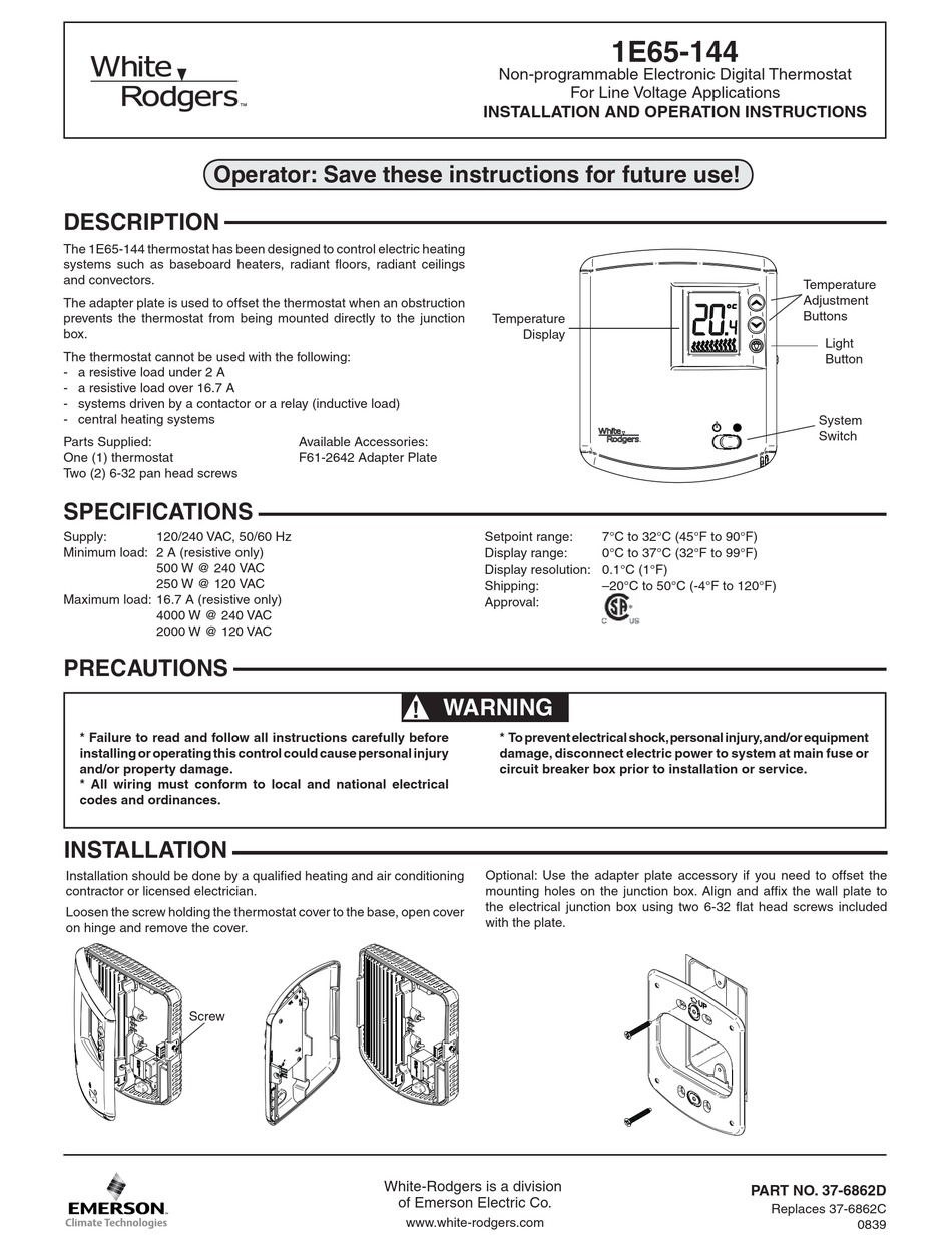 White Rodgers 1e65 144 Installation And Operation Instructions Pdf Download Manualslib