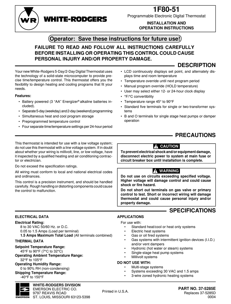 WHITE RODGERS 1F80-51 INSTALLATION AND OPERATION INSTRUCTIONS MANUAL ...