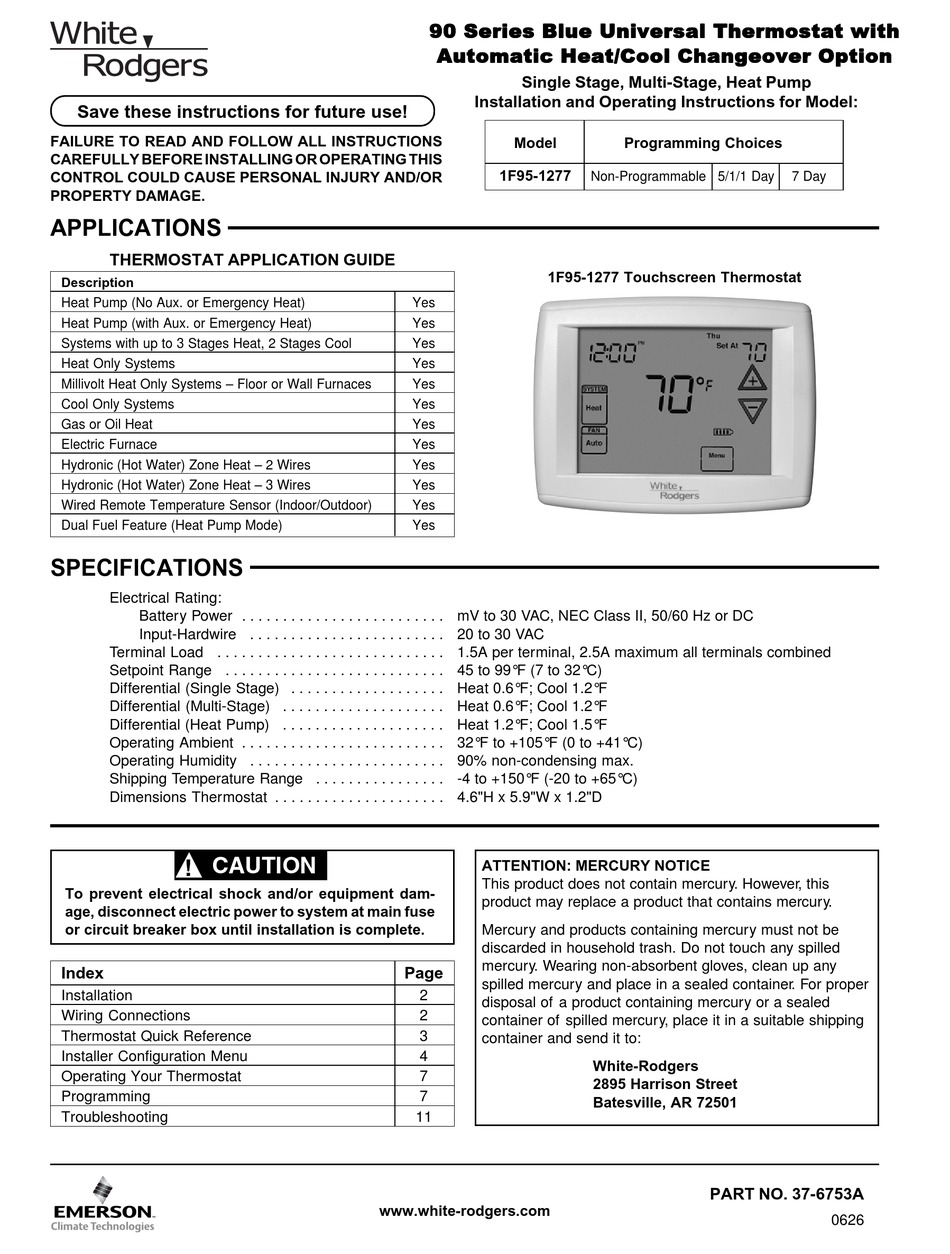WHITE RODGERS 1F95-1277 INSTALLATION AND OPERATING INSTRUCTIONS MANUAL