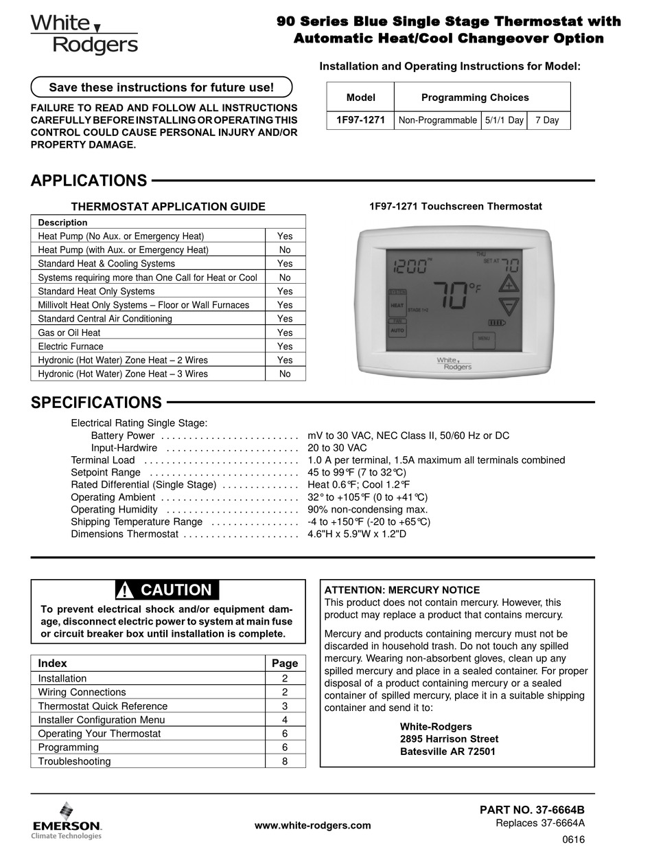 WHITE RODGERS 1F97-1271 INSTALLATION AND OPERATING INSTRUCTIONS MANUAL