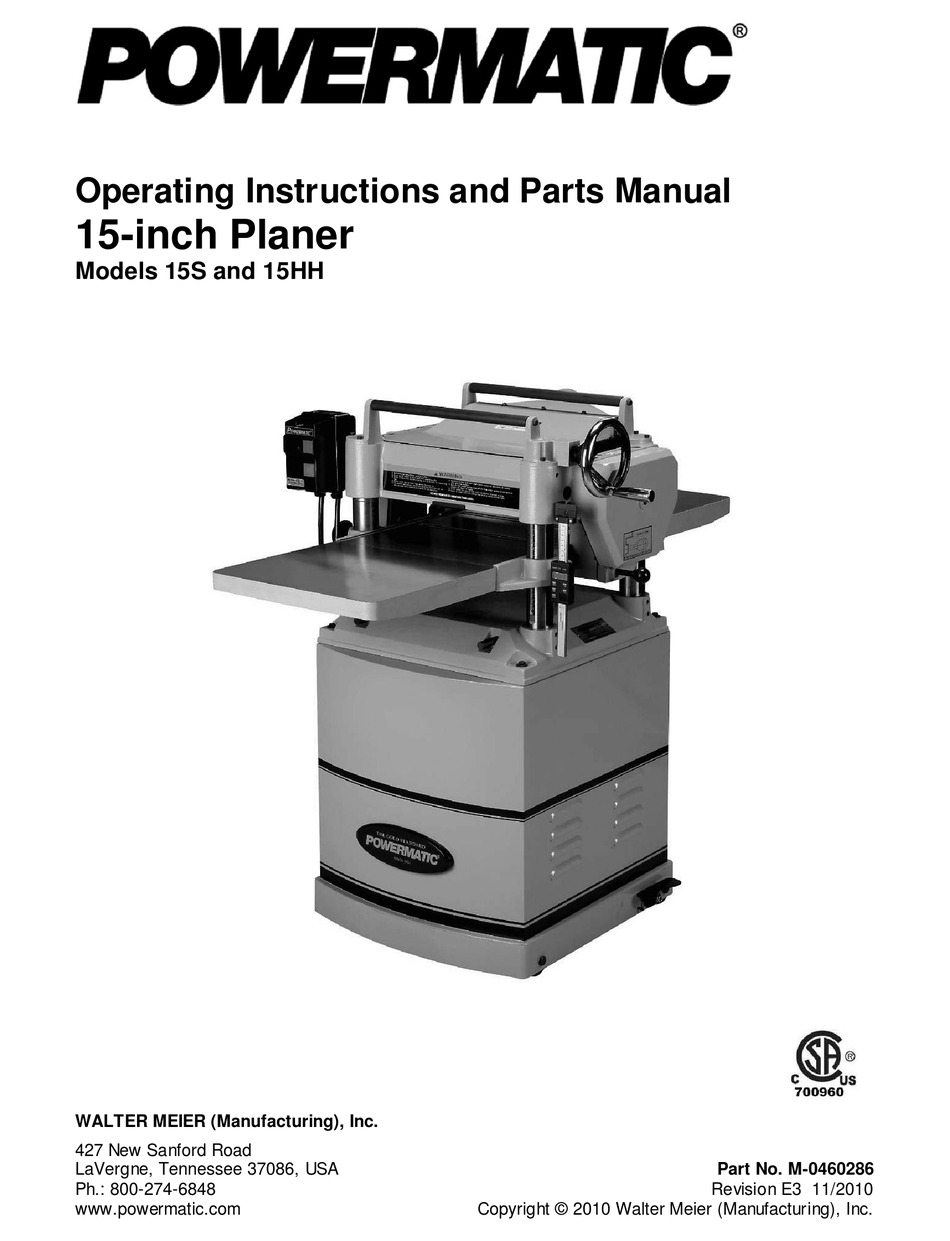 POWERMATIC 15HH OPERATING INSTRUCTIONS AND PARTS MANUAL Pdf Download