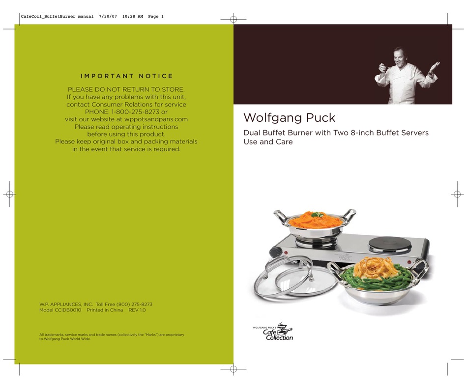 WOLFGANG PUCK CAFE COLLECTION CCIDB0010 USE AND CARE MANUAL Pdf