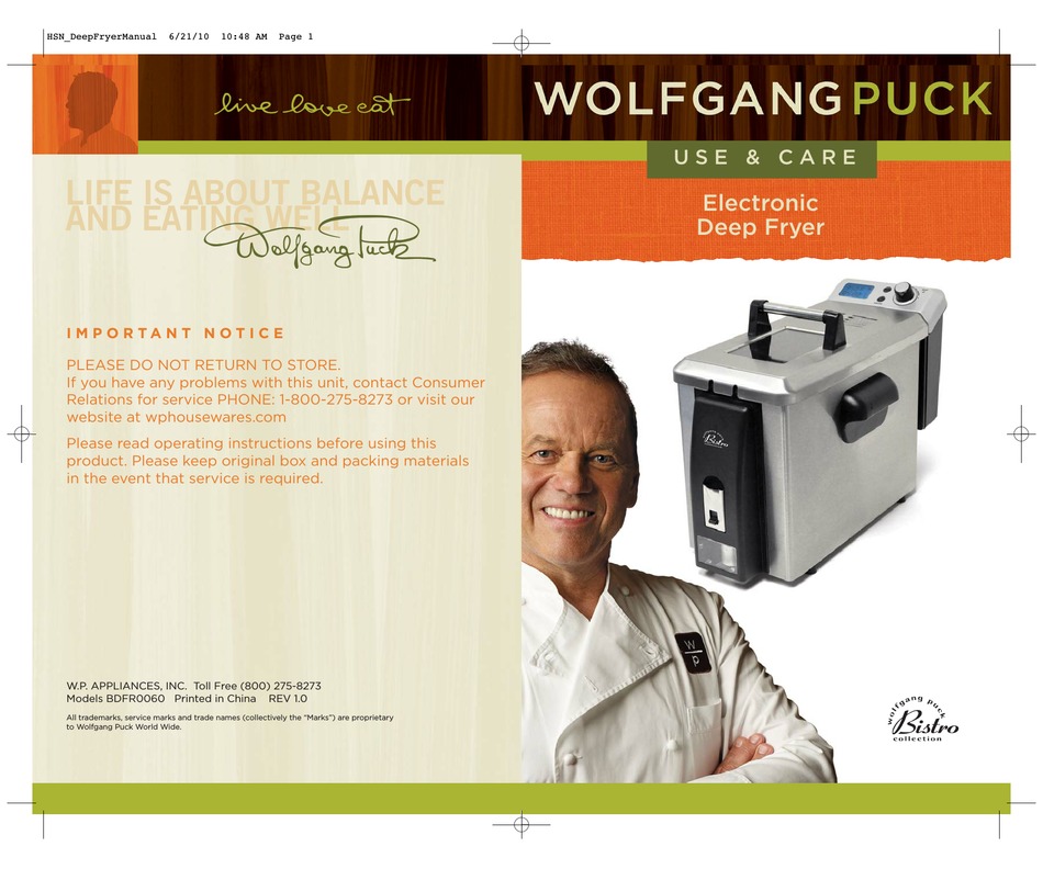 WOLFGANG PUCK BISTRO BDFR0060 USE & CARE MANUAL Pdf Download | ManualsLib