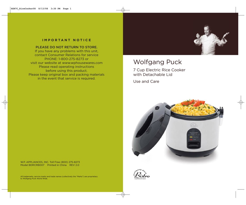 WOLFGANG PUCK BMRC0020 USE AND CARE MANUAL Pdf Download