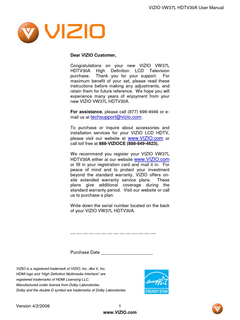 Vizio Vw37l User Manual Pdf Download Manualslib