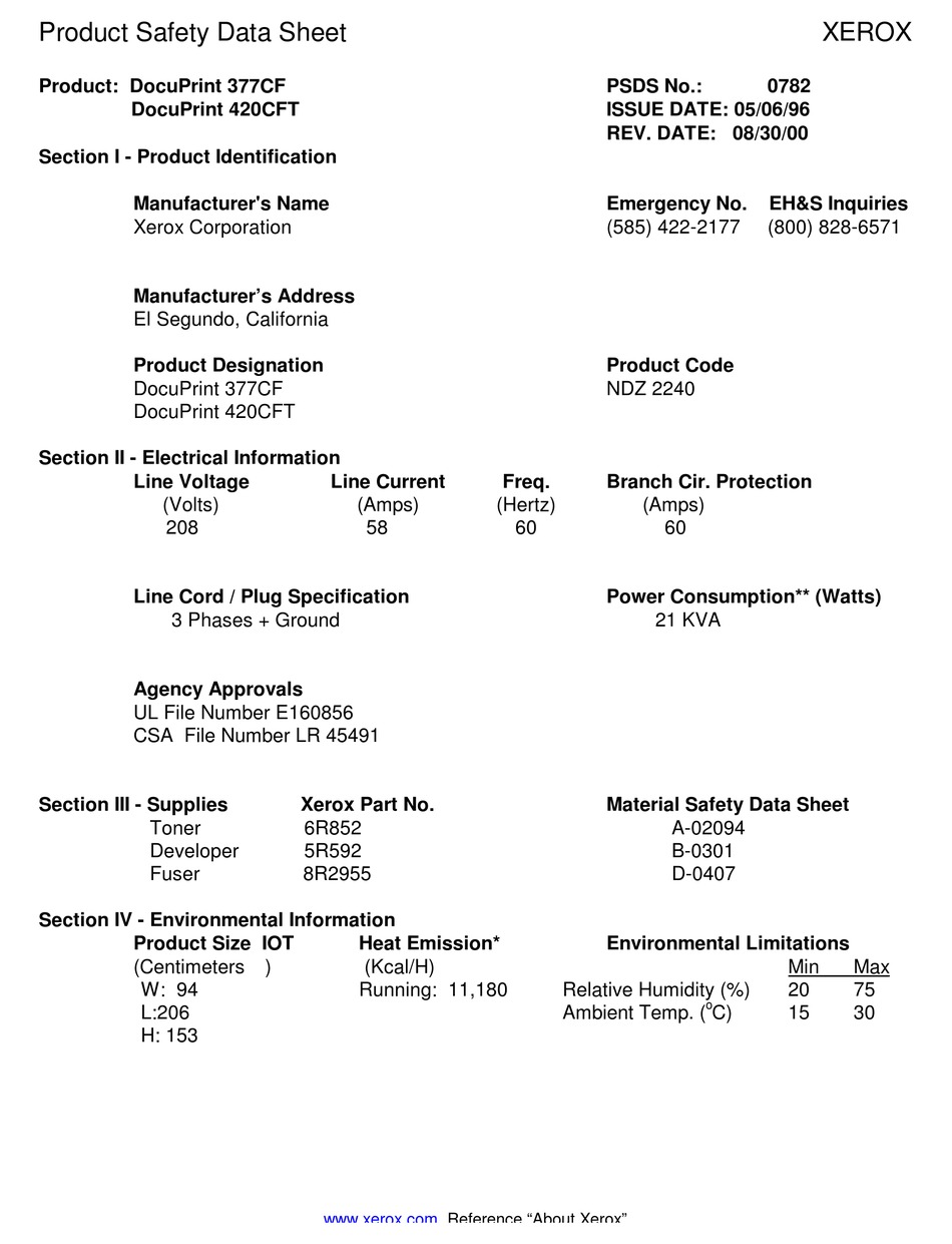 XEROX DOCUPRINT 377CF PRODUCT SAFETY DATA SHEET Pdf Download ManualsLib