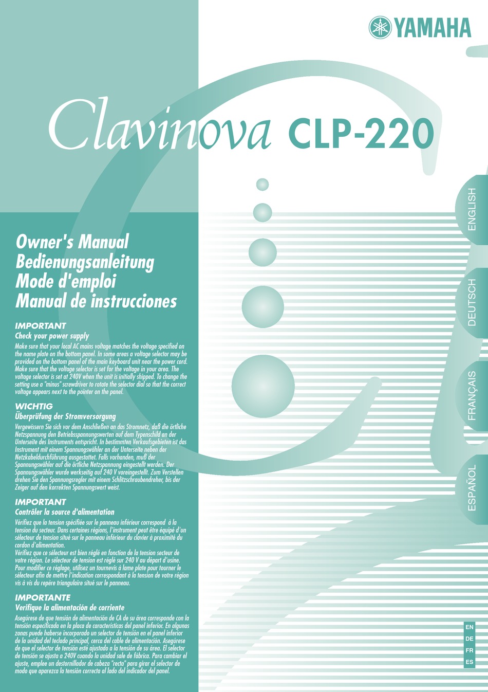 YAMAHA CLAVINOVA CLP-220 OWNER'S MANUAL Pdf Download | ManualsLib