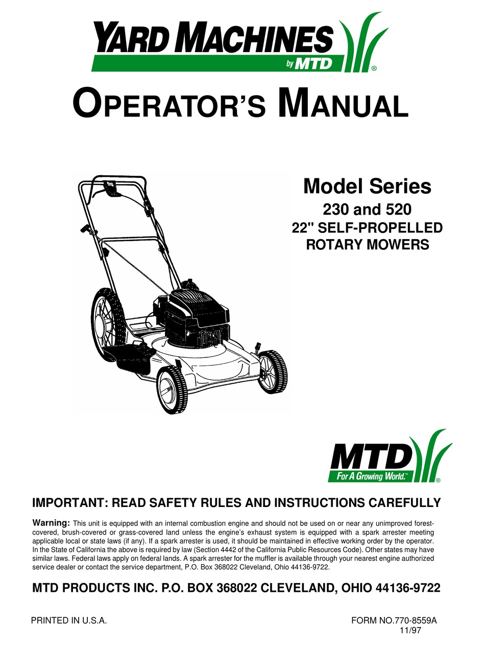 YARD MACHINES 230 SERIES OPERATOR'S MANUAL Pdf Download | ManualsLib