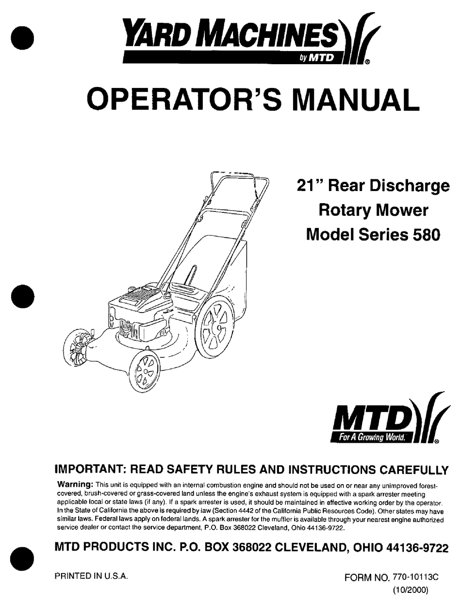 YARD MACHINES 580 SERIES OPERATOR'S MANUAL Pdf Download | ManualsLib