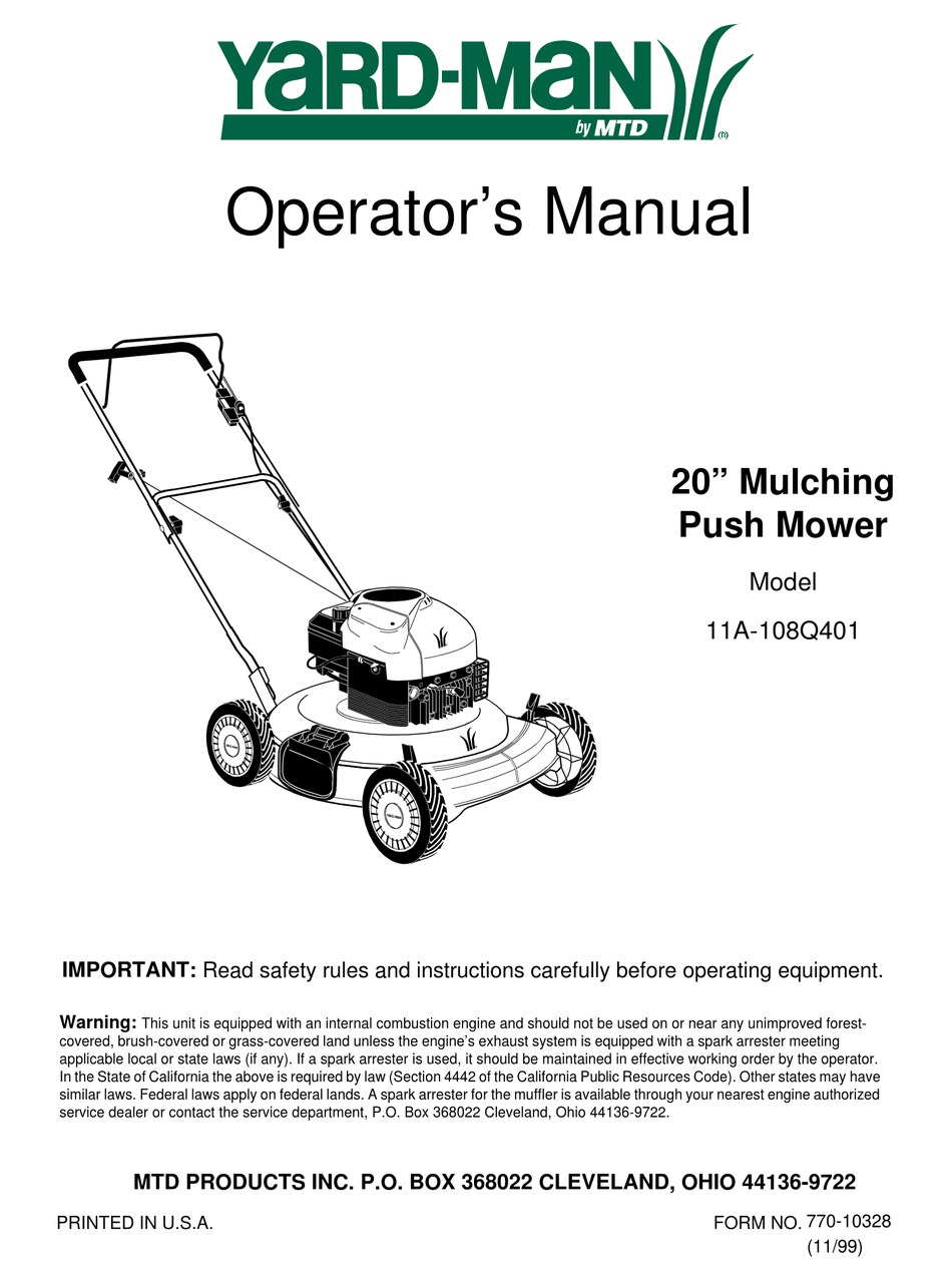 YARDMAN 11A108Q401 OPERATOR'S MANUAL Pdf Download ManualsLib