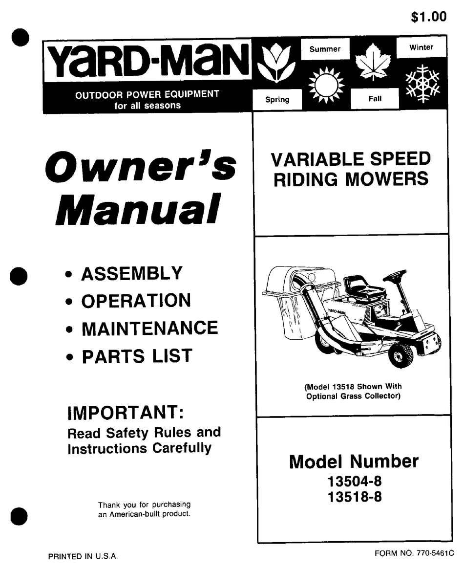 Yard-Man 1040-9 Reel Power Walk Behind 18 Lawn Mower Owner & Parts Manual