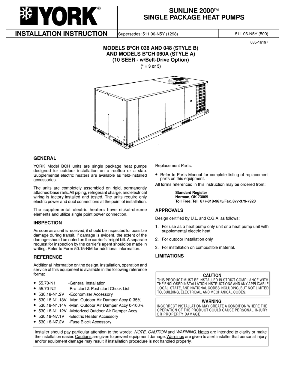 YORK SUNLINE 2000 INSTALLATION INSTRUCTION Pdf Download | ManualsLib