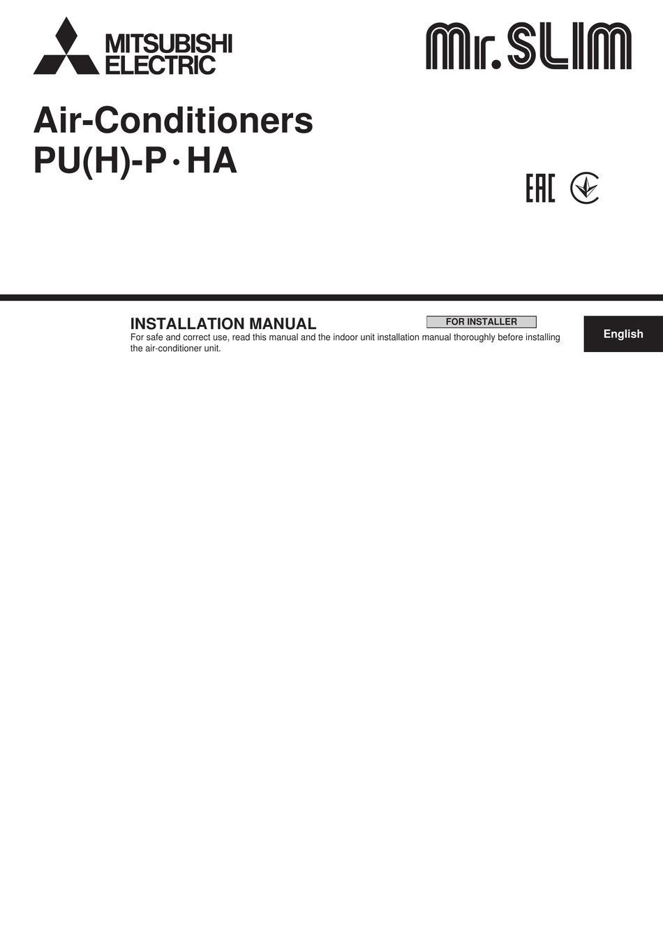 MITSUBISHI ELECTRIC MR. SLIM PUP HA SERIES INSTALLATION MANUAL Pdf