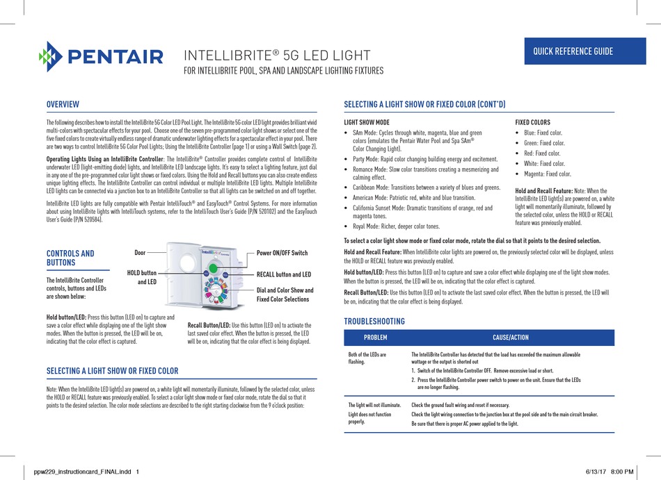 Pentair Intellibrite 5g Led Light Quick Reference Manual Pdf Download Manualslib