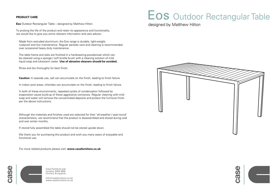 CASE EOS OUTDOOR RECTANGULAR TABLE 601764 ASSEMBLY INSTRUCTIONS Pdf