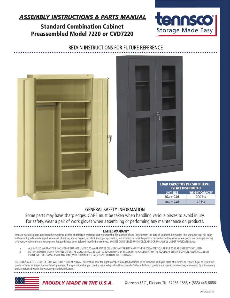 TENNSCO STANDARD COMBINATION 7220 ASSEMBLY INSTRUCTIONS/PARTS