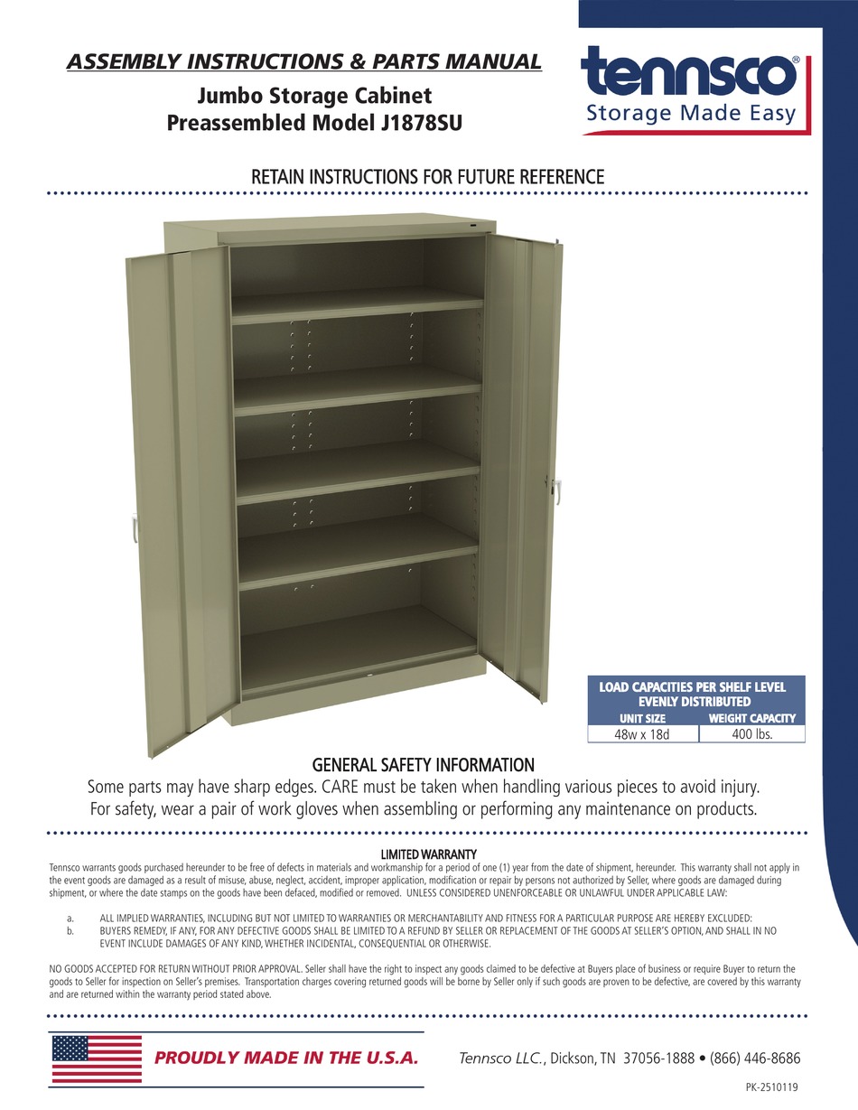 TENNSCO JUMBO STORAGE J1878SU ASSEMBLY INSTRUCTIONS/PARTS