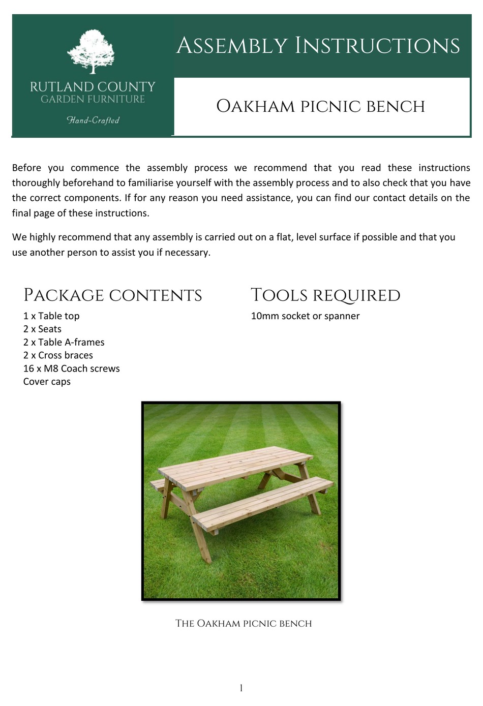 RUTLAND COUNTY OAKHAM PICNIC BENCH ASSEMBLY INSTRUCTIONS Pdf Download