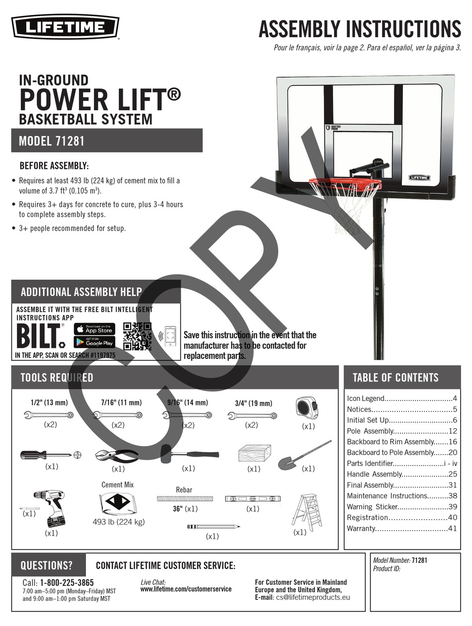 LIFETIME POWER LIFT 71281 ASSEMBLY INSTRUCTIONS MANUAL Pdf Download