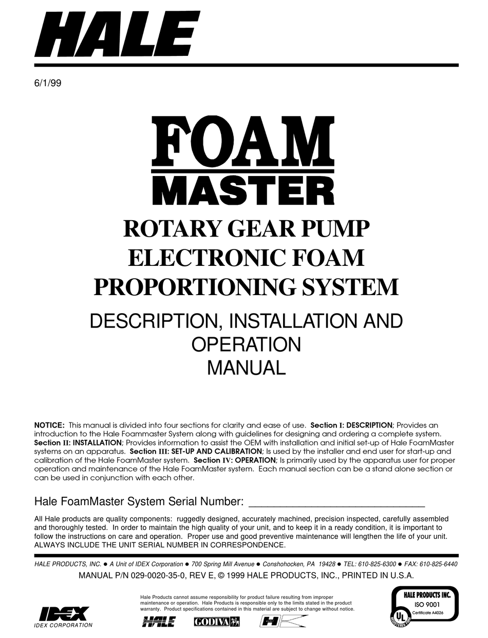 HALE FOAM MASTER 3.3 DESCRIPTION, INSTALLATION AND OPERATION MANUAL Pdf