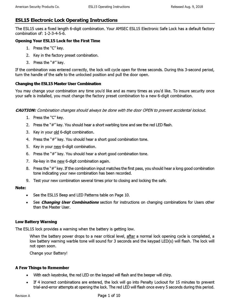 Amsec Esl15 Operating Instructions Manual Pdf Download Manualslib