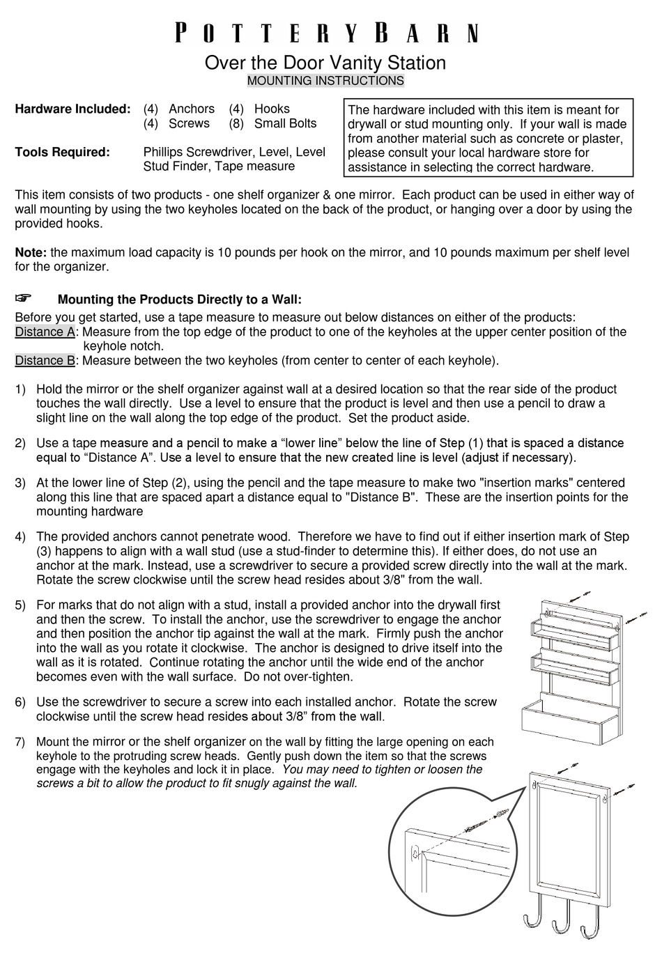 POTTERYBARN OVER THE DOOR VANITY STATION MOUNTING INSTRUCTIONS Pdf