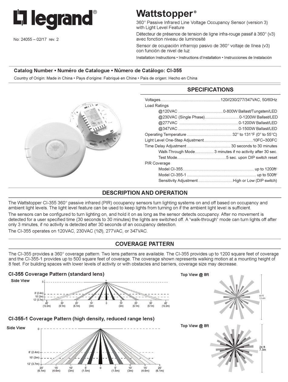 LEGRAND WATTSTOPPER CI355 INSTALLATION INSTRUCTIONS MANUAL Pdf