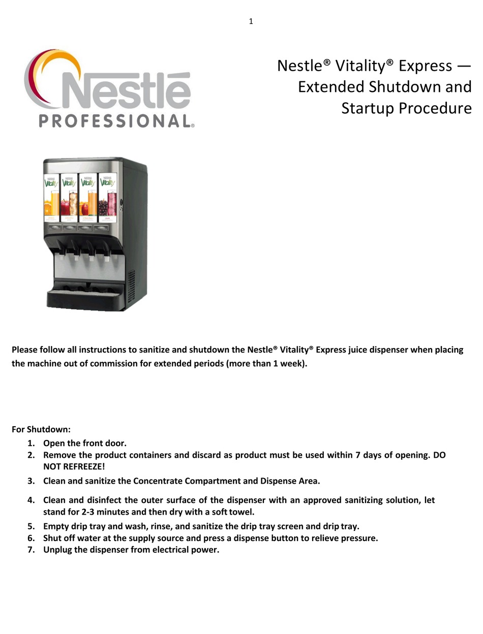 NESTLE VITALITY EXPRESS EXTENDED SHUTDOWN AND STARTUP PROCEDURE Pdf