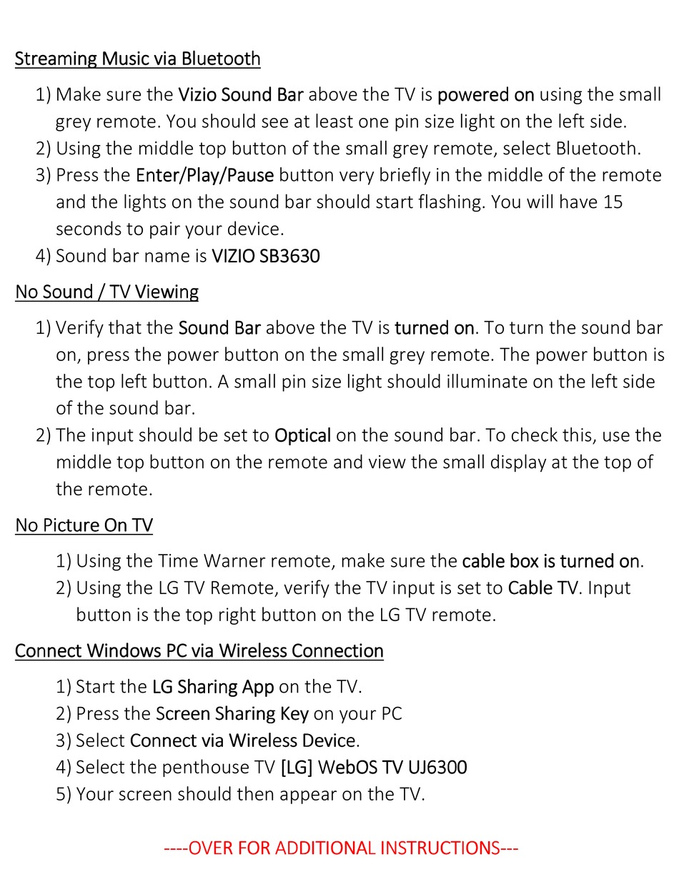 VIZIO SB3630 ADDITIONAL INSTRUCTIONS Pdf Download | ManualsLib